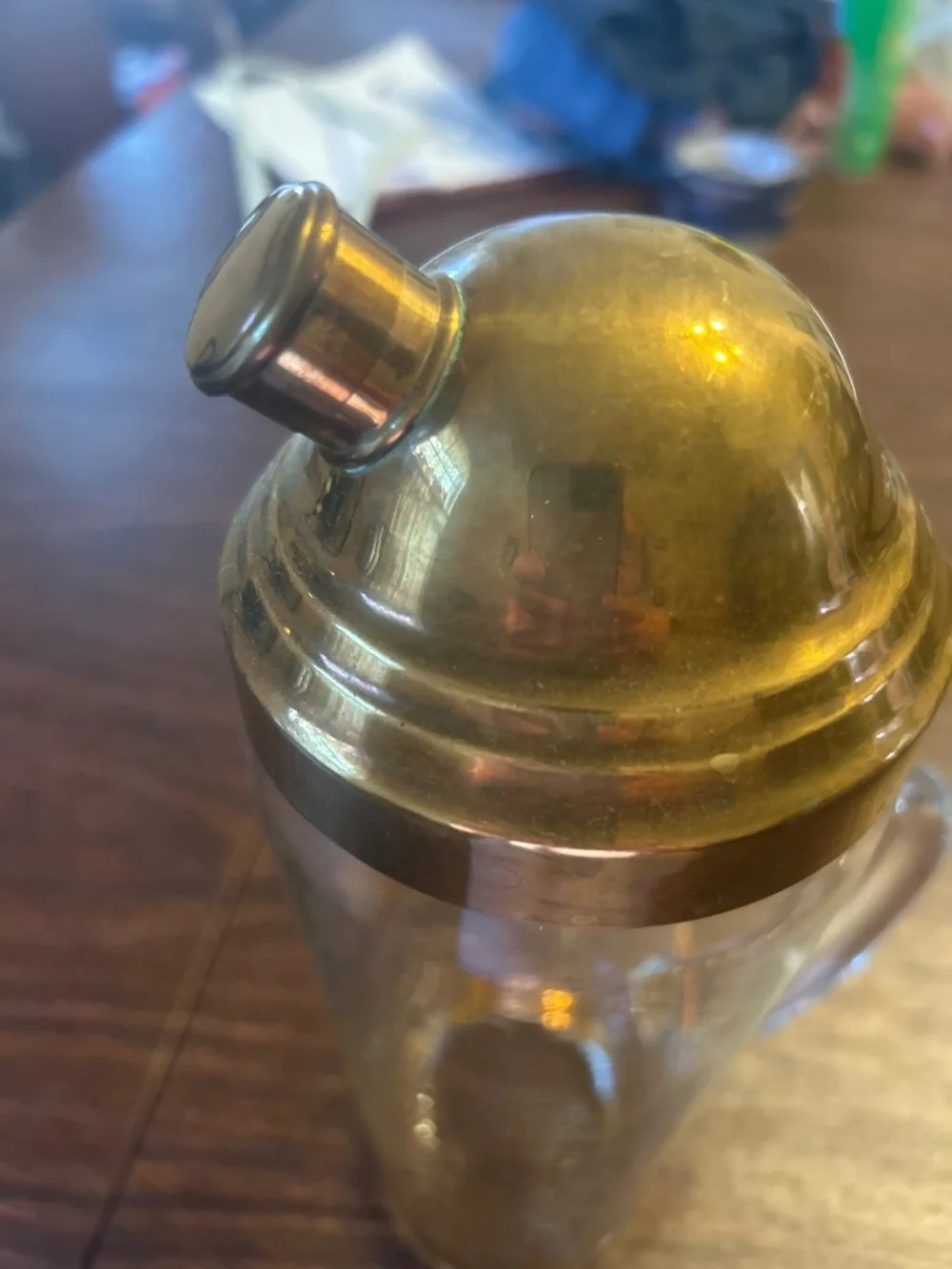 Atomic Glass Shaker bottle with brass lid.